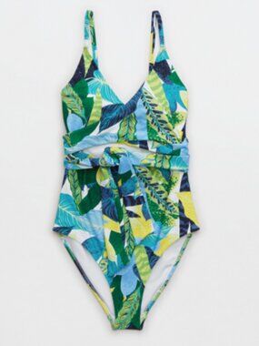 Aerie Wrap One Piece Swimsuit - Green, Teal Yellow Patterned